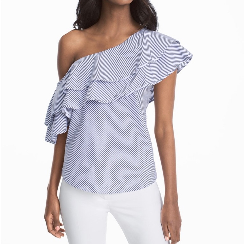 PETITE RUFFLED ONE-SHOULDER STRIPE POPLIN TOP